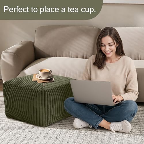 MeMoreCool Square Pouf Ottoman Foot Rest, 15 Inch Faux Fur Pouf, Green | Fluffy faux fur square floor pouf, foam filled footrest footstool for living room couch or dorm