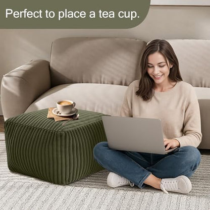 MeMoreCool Square Pouf Ottoman Foot Rest, 15 Inch Faux Fur Pouf, Green | Fluffy faux fur square floor pouf, foam filled footrest footstool for living room couch or dorm