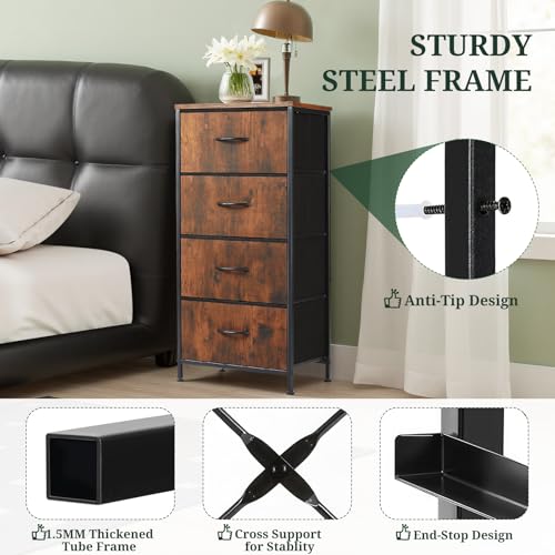 4 Drawers Dresser for Bedroom Fabric Storage Tower with Wooden Top | Steel Frame Tall Chest of Drawers for Closet, Entryway, Dorm, Brown