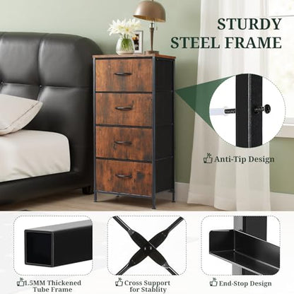 4 Drawers Dresser for Bedroom Fabric Storage Tower with Wooden Top | Steel Frame Tall Chest of Drawers for Closet, Entryway, Dorm, Brown