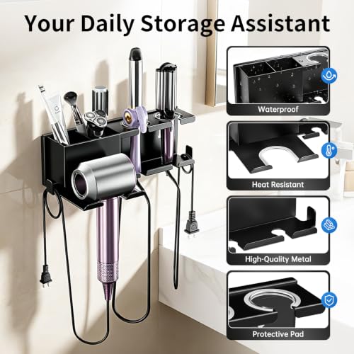 YSD Hair Dryer Holder Wall Mounted Metal Self Adhesive/Screw Organizer | 4 in 1 Hair Tool Organizer Blow Dryer Holder with Curling Iron and Straightener Holder for Bathroom, Black