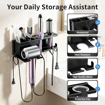 YSD Hair Dryer Holder Wall Mounted Metal Self Adhesive/Screw Organizer | 4 in 1 Hair Tool Organizer Blow Dryer Holder with Curling Iron and Straightener Holder for Bathroom, Black