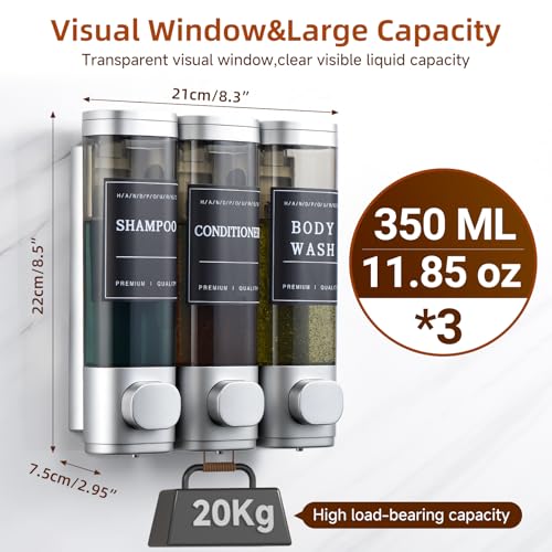 Shampoo and Conditioner Dispenser,Shower Soap Dispenser 3 Chamber No Drill Wall-Mounted for Bathroom & Hotel Leak-Proof Pumps, for Thick Liquids Like Conditioner - 1050ML High Capacity, Silver