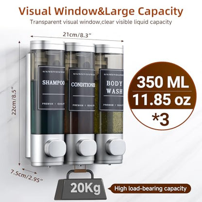 Shampoo and Conditioner Dispenser,Shower Soap Dispenser 3 Chamber No Drill Wall-Mounted for Bathroom & Hotel Leak-Proof Pumps, for Thick Liquids Like Conditioner - 1050ML High Capacity, Silver