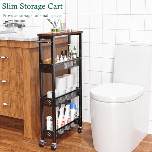XYZLVSI Utility Slim Storage Cart on Wheels, 4 Tier Laundry Room Organizers | 5" W narrow shelf for small spaces, skinny rolling cart with wooden top and metal handle for kitchen/bathroom/Office/Dorm
