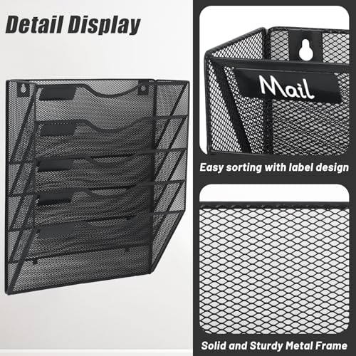 5 Pocket Mesh Hanging Wall File Organizer, Wall Mounted Mail Paper Document Folder Holder, Clipboard Storage Organization Magazine Rack with Nametag Label for Office Home School, Black