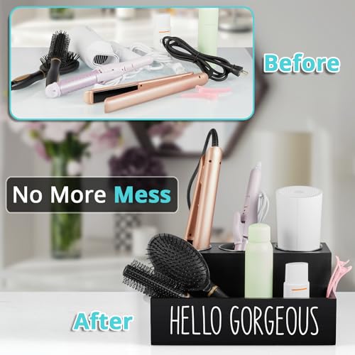 Hair Tool Organizer, Wooden Hair Dryer Holder Countertop, Wall Mount Hot Tools Organizer for Hair Styling Accessories, Bathroom Supplies Vanity Caddy for Curling Wand, Blow Dryer, Black