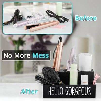Hair Tool Organizer, Wooden Hair Dryer Holder Countertop, Wall Mount Hot Tools Organizer for Hair Styling Accessories, Bathroom Supplies Vanity Caddy for Curling Wand, Blow Dryer, Black
