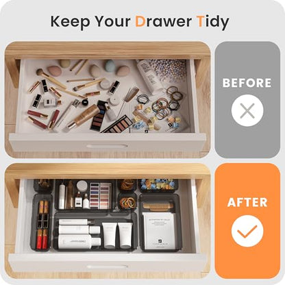 A-LuGei 【Military Grade】 Drawer Organizer,【𝟱𝗦𝗶𝘇𝗲】 Makeup organizer,【Holds 177 Items】 Bathroom Organizers and Storage,Organization and Storage,Desk Drawer Organizer for Vanity【Clear Black】