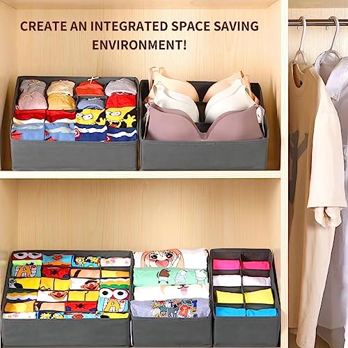 Lourome Underwear Drawer Organizer, 5-Pack, for Socks, Bras, Tie, Grey | Fits Standard 13"+ Dressers, 55 Compartments, Storage Bins for Bedroom, Closet & Bathroom