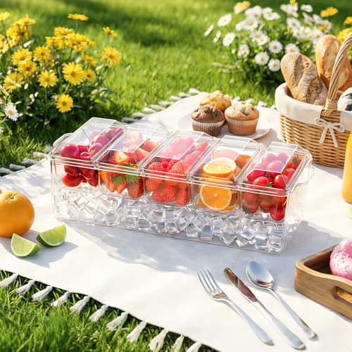Condiment Tray, Chilled Condiment Server, Bar Accessories on Ice | Condiment Caddy for Home, Party and Celebration, Bar Accessories with Removable Trays and Lids (5 Spoons & 2 Tongs)