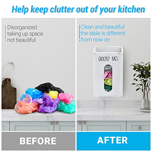 Farmhouse Grocery Bag Holder for Kitchen, Wooden Plastic Bags Holder for Supermarket shopping carrier Recycle, Wall Mounted Garbage Bag Dispenser with Extra-Wide & Easy-Access Openings, White