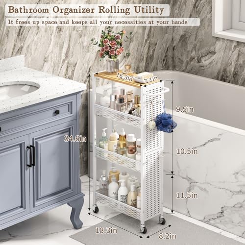 Utility Slim Storage Cart 4 Tier Rolling Laundry Room Organization Cart： | Wood Top Metal Narrow Laundry Room Shelves Cabinet Unit Laundry Organizer Trolley with Handle for Small space