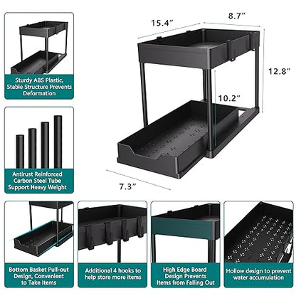 MEAFBIRD 2 Pack Under Sink Organizer, 2 Tier Bathroom Cabinet Organizer with Sliding Basket, Multi-Purpose Under Sink Organizers and Storage for Bathroom Kitchen (Black 2 Pack)