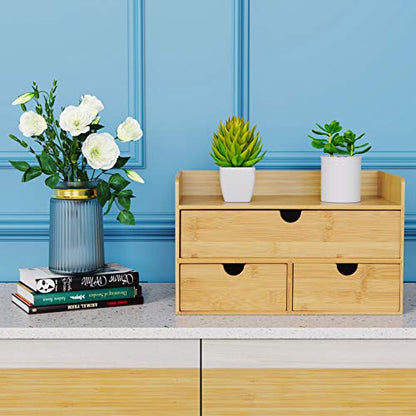 Bamboo Desk Organizer with Drawers, 3-Drawer Desktop Storage Box | 3 Drawers Open Top Tray Fully Assembled Stores Pens, Notes, Makeup, Jewelry & Toiletries for Office, Vanity & Bath
