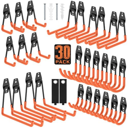 Garage Hooks, Anti-Slip Heavy Duty Wall Mount Hooks, 30-Pack | Hanging Storage for Bikes, Ladders, Hoses, Ropes, Garden Tools - For Warehouse, Workshop, Shed, Shop, Yard