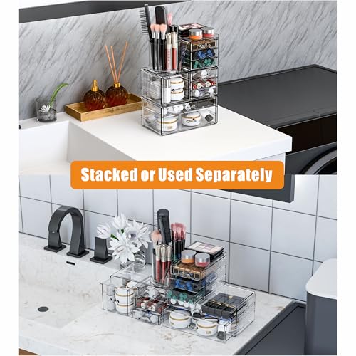 SuoXing 3 Pack Clear Acrylic Makeup Organizer for Vanity With 9 Drawer, Skincare Organizers Countertop With Make up Brush Holder,Bathroom Make up Drawer Storage for Beauty,Hair Accessories Organizer | Cute