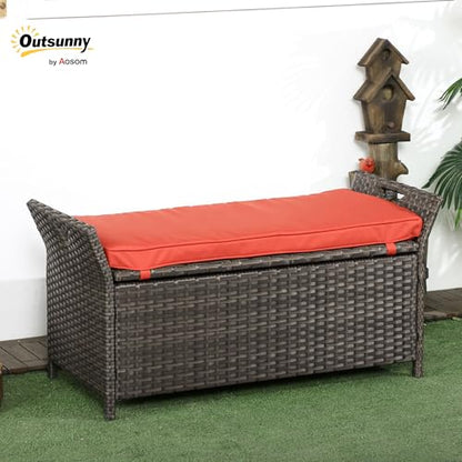 Outsunny 29 Gallon Patio Wicker Storage Bench Outdoor PE Rattan Red | Furniture, 2-In-1 Large Capacity, Rectangle Garden Storage Box, Handles, Cushion