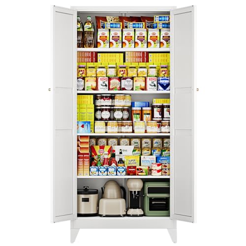 75" H Metal Storage Cabinet with 2 Doors and 4 Shelves,Tall Kitchen Pantry Cabinets,Farmhouse Utility Pantry Organizers for Cupboard/Dining/Bathroom/Home Office/Garage Room,White