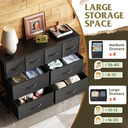 WLIVE Wide Dresser for Bedroom, 8 Drawer Chest of Drawers, Black | 8 roomy fabric drawers, Wide storage design, Bedroom or closet use, Sturdy steel frame, Smooth wood tabletop