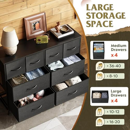 WLIVE Wide Dresser for Bedroom, 8 Drawer Chest of Drawers, Black | 8 roomy fabric drawers, Wide storage design, Bedroom or closet use, Sturdy steel frame, Smooth wood tabletop