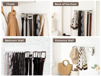 StorageWorks Tie Rack with 20 Hooks, 2 Set Wall Mounted Wood Hanger, White