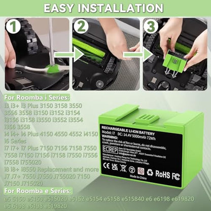 POWTREE 5000mAh ABL-F 72Wh Replacement for iRobot Roomba i7 Battery Compatible with e and i Series i3 3159 i8 j7 j7+ 7158 7150 7550 7558 i3 i3+ 3150 i4 i4+ 4150 i8 e5 e6 e5150 e6198 Vacuum Cleaner
