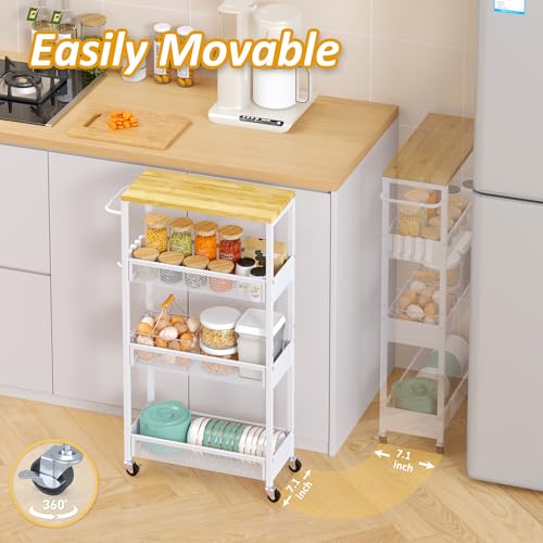 7.1" Wide Slim Storage Cart on Wheels, 4 Tier Metal Narrow Rolling Cart with Handle and Wood Top, Multifunctional Small Mobile Shelf Unit Organizer Trolley for Laundry, Bathroom, Kitchen