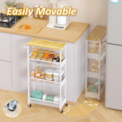7.1" Wide Slim Storage Cart on Wheels, 4 Tier Metal Narrow Rolling Cart with Handle and Wood Top, Multifunctional Small Mobile Shelf Unit Organizer Trolley for Laundry, Bathroom, Kitchen