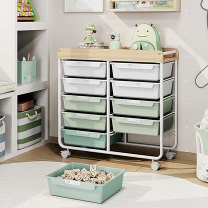 10 Drawer Rolling Storage Cart with Wood Top for Classroom Crafts Green | Easy Setup, Large Capacity, Sturdy Build, Lockable Mobility, For office, classroom and home supplies