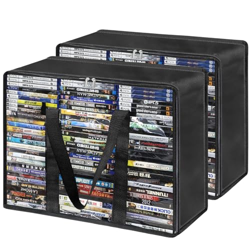 DVD Storage Bags 2 Pack, Clear Media Organizer Holds 140 DVDs&& Blu ray && Video Game, Plastic Holder with Reinforced Handles for Quilt, Pillow & Clothing