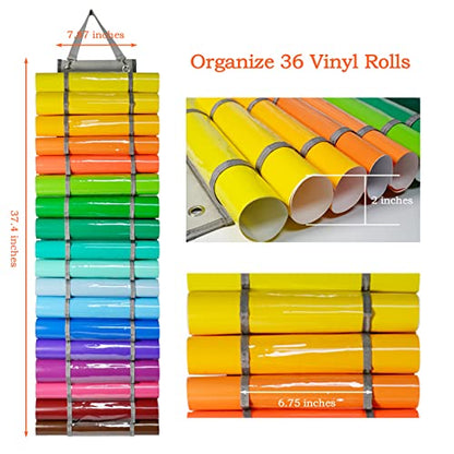 Tunnkit Vinyl Roll Holder, 36 Compartments with 7 Mesh Pockets Storage | Vinyl Storage Organizer, Wall Mount/Over The Door Vinyl Roll Storage, with 2 Hooks and 2 Hanging Straps, Grey