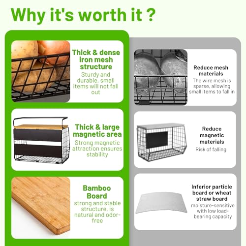 Magnetic Shelf for Fridge with Wood Lid, Fruit Potato and Onion Storage Bins, Pantry Organizers & Storage, Large Container Magnetic Spice Rack for Refrigerator, Kitchen Counter, Cabinet