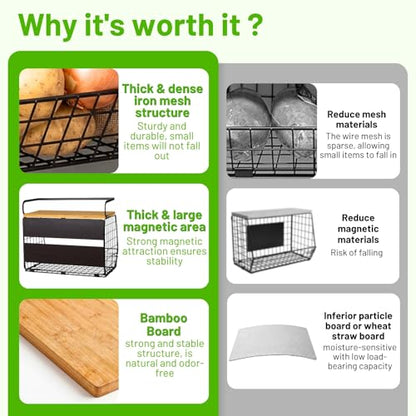 Magnetic Shelf for Fridge with Wood Lid, Fruit Potato and Onion Storage Bins, Pantry Organizers & Storage, Large Container Magnetic Spice Rack for Refrigerator, Kitchen Counter, Cabinet