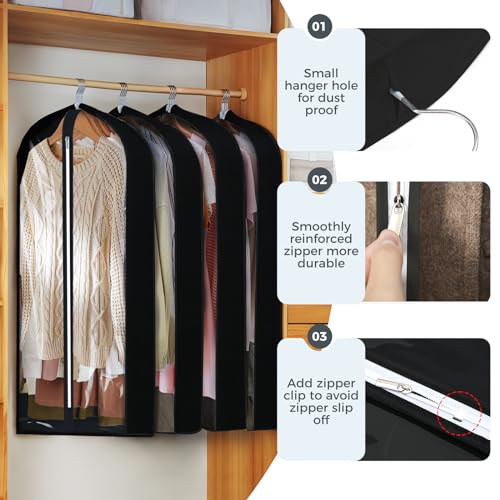 4 pack 60" Clear Garment Bags for Hanging Clothes, Suit Bags for Closet Storage, Clothing Storage, Garment Bags for Travel Covers with 4" Gussets for Coats, Jackets, Shirts, Dresses & Sweater, Black