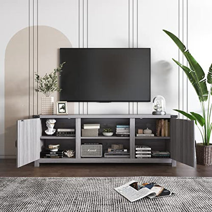 YESHOMY Modern Farmhouse TV Stand with Two Barn Doors and Storage Cabinets for Televisions up to 65+ Inch, Entertainment Center Console Table, Media Furniture for Living Room, 58 Inch, Gray Wash