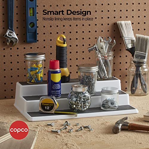 Copco 3-Tier Spice Rack Organizer for Cabinet - 15 Inch Non-Skid Pantry Organizer and Storage Shelf for Spices, Canned Goods, Seasonings - White and Gray Kitchen Cabinet Organizer