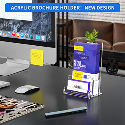 NIUBEE Acrylic Brochure Holder 4‘’, Pamphlet Rack Card Flyer Display Stand | 3mm thick acrylic stand combining brochure holder and business card slot, stable freestanding design for commercial scenes