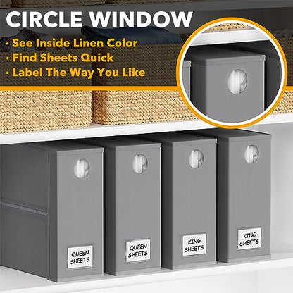SpaceAid 4 Pack Bed Sheet Organizers and Storage, Foldable Organizer for Linen Closet, Sheets Set Folder Keeper with Window XL (Queen & King Size) Organizing Bedding Container, Gray 91ZDSN-SL01-G4