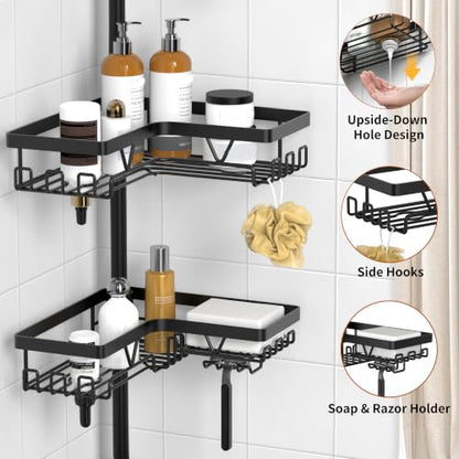 KEGII Corner Shower Caddy Tension Pole, Large Capacity Bathroom Organizer | 28 Hooks with Soap and Razor Holders, Heavy Duty 4-Tier Shelves for Family Bathtubs and Renters, Adjustable 25-114.2 inch