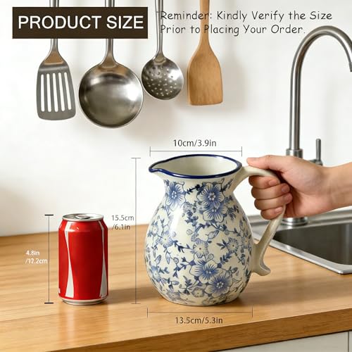 6.1" Blue & White Ceramic Farmhouse Utensil Holder for Kitchen Counter | Blue & white floral ceramic utensil holder with handle; stain-proof glaze; doubles as vase; rustic vintage kitchen decor