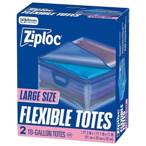 Ziploc Flexible Totes, Large Size, 10 Gallon, 2 Count Organizing Tote with Zipper and Built‑In Handles, Flexible & Stackable Clothing and Home Storage Bag