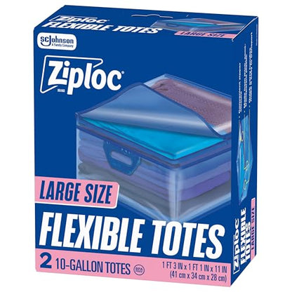 Ziploc Flexible Totes, Large Size, 10 Gallon, 2 Count Organizing Tote with Zipper and Built‑In Handles, Flexible & Stackable Clothing and Home Storage Bag