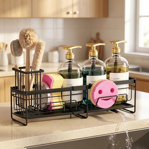 spospo Extendable Sponge Holder for Kitchen Sink Extra Large Sink Caddy | Adjustable Length Sink Caddy Organizer with High Brush Holder, Self-Draining Countertop Organizer
