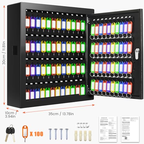 100 Keys Key Cabinet with Drop Slot , Anti-Theft Key Lock Box with Key Tags | Key Organizer Wall Safe for Car Office House Garage Rental Business