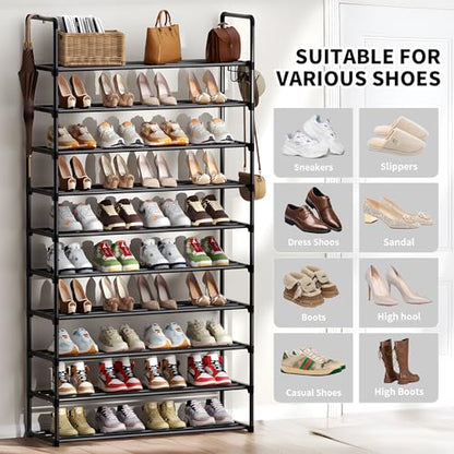 Shoe Rack, 10 Tier Shoe Storage Organizer with Hooks,Fit 40-45 Pairs Shoes,Metal Tall Shoe Shelf for Closet,Entryway, Hallway,Garage,Bedroom,Cloakroom