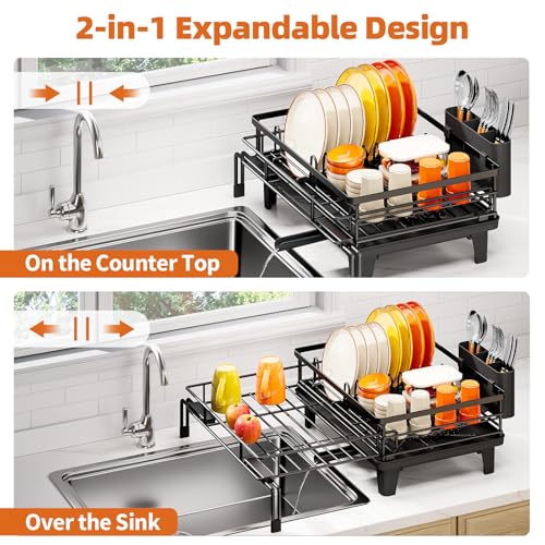 Urackify Expandable Sink Dish Drying Rack for Kitchen Counter, 1-Tier Black | Large Dish Racks, Sink Dish Drainer, Rustproof Dish Strainer with Utensil Holder, 12.3"-20.5" L x 15"W