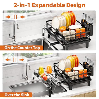 Urackify Expandable Sink Dish Drying Rack for Kitchen Counter, 1-Tier Black | Large Dish Racks, Sink Dish Drainer, Rustproof Dish Strainer with Utensil Holder, 12.3"-20.5" L x 15"W