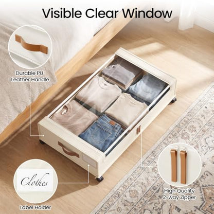 Yecaye Under Bed Storage with Wheels, 2 Pack Under Bed Storage Containers, 60L Underbed Shoe Storage with Clear Window & Label, Rolling Under Bed Metal Drawer for Clothes, Shoes, Books, Blankets