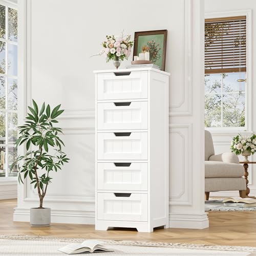 FOTOSOK Bathroom Cabinet, Bathroom Storage Cabinet with 5 Drawers, White | Narrow Bathroom Storage with Cut-Out Handles, 11.8” x 15.7” x 40.1”, Slim & Small Floor Cabinet for Laundry/Hallway